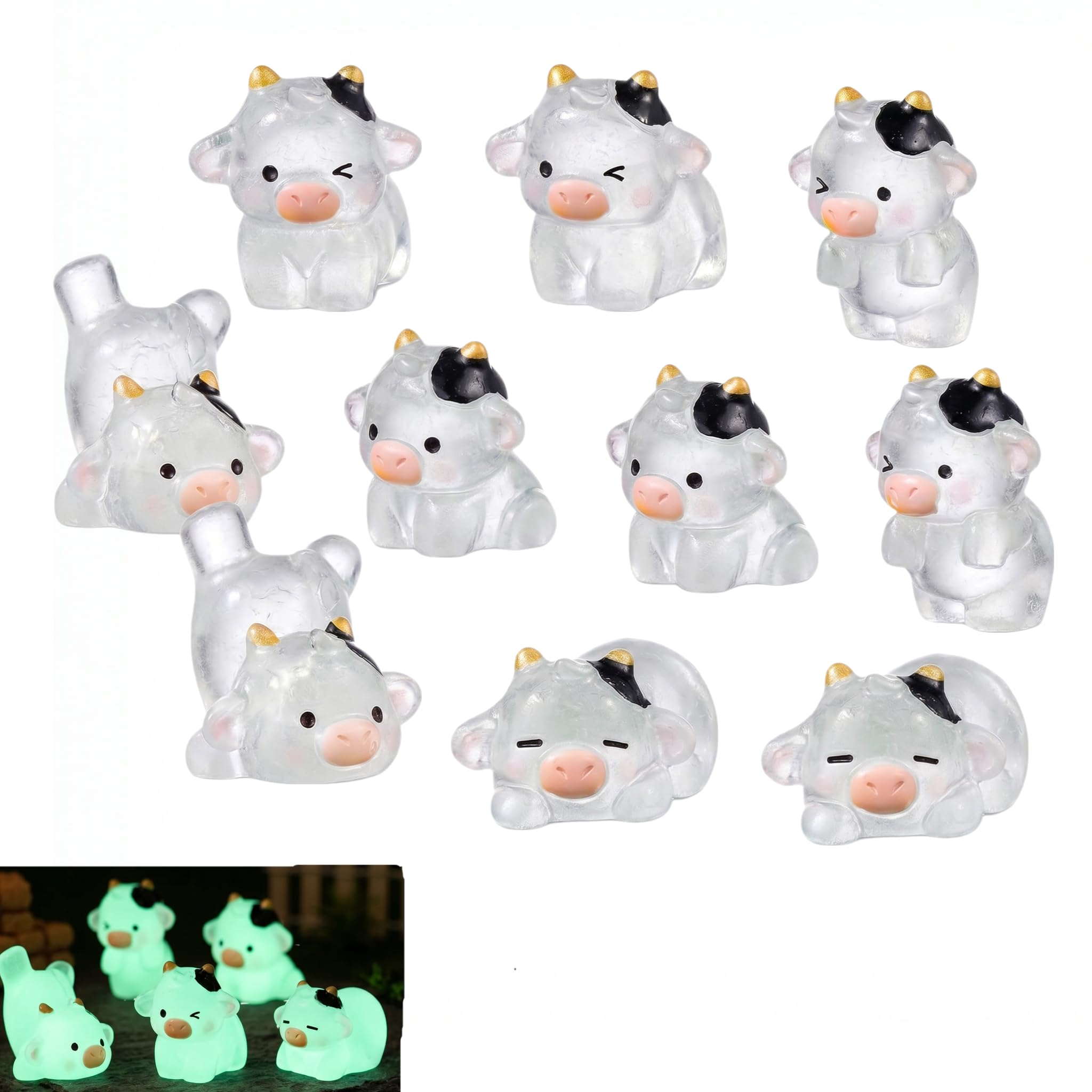YDAKGUEY Mini Cow Figurines, 12 Pcs Resin Animals Glow in The Dark, Mini Resin Animals for Garden Landscape Home Car Dash Decoration Desktop Ornament
