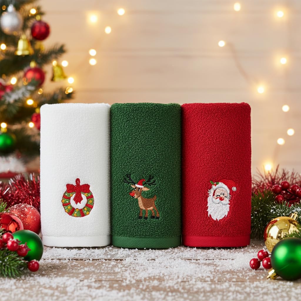BESPORTBLE 3er Set Weihnachtshandtücher - Dekorative - Bestickte Geschirrtücher Für Küche Und Badezimmer Geschenkidee in Rot Grün Weiß Baumwolle Saugfähig