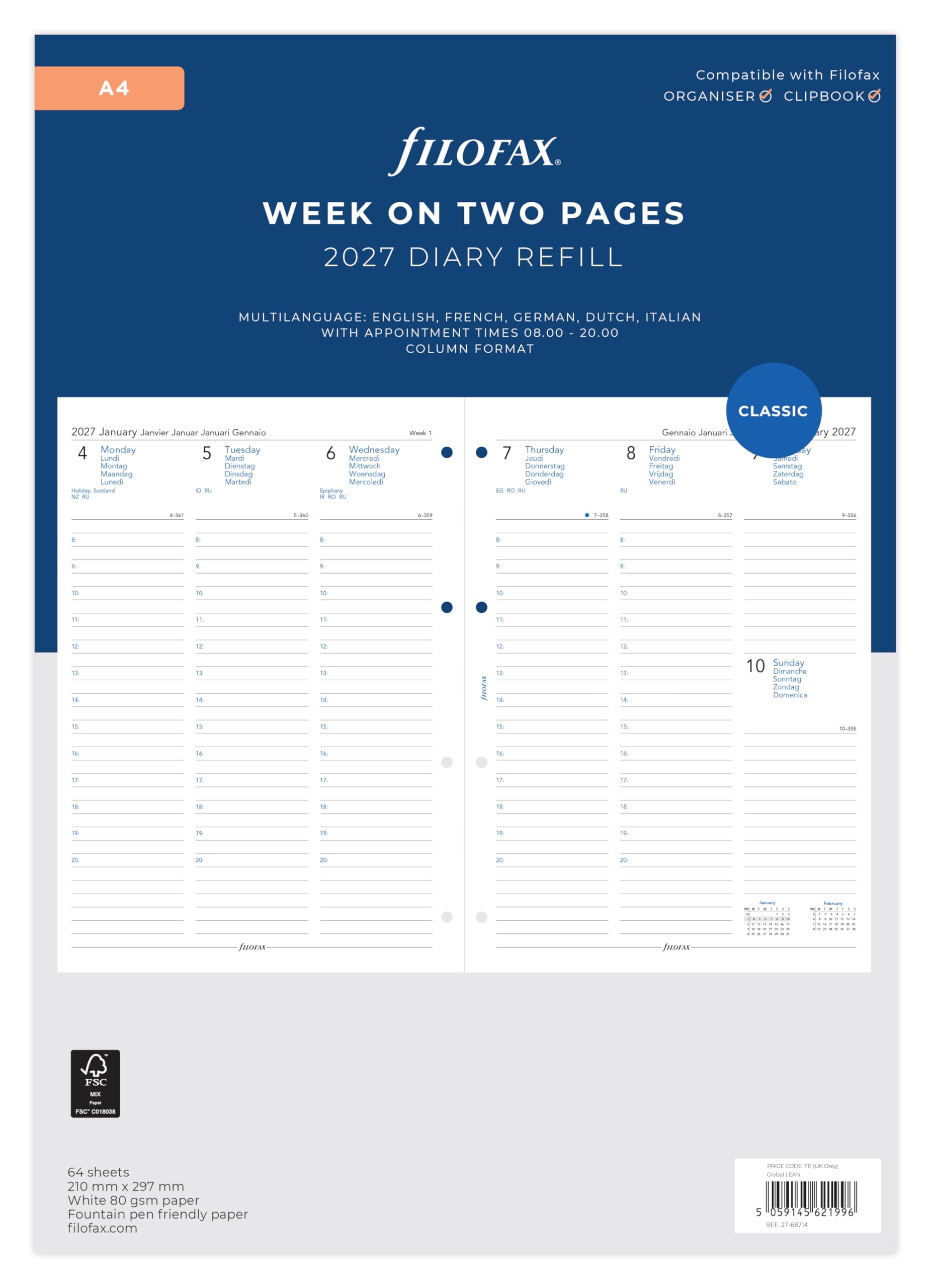 Filofax A4 Week on two pages 5 language appointments 2027 diary 27-68714