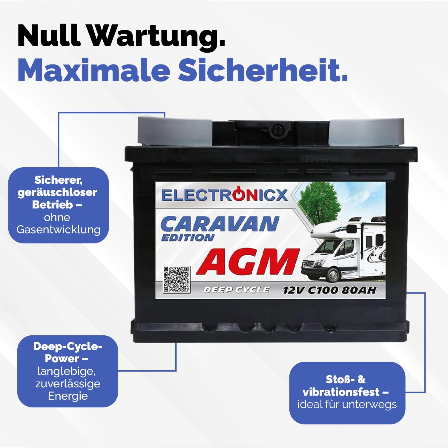 Electronicx AGM Caravan Edition Versorgungsbatterie 12V 80Ah / 80 Ah Deep Cycle Batterie wartungsfrei versiegelt Pluspol rechts – Wohnmobil Wohnwagen Solar Freizeitbatterie 242×175×190mm zyklenfest