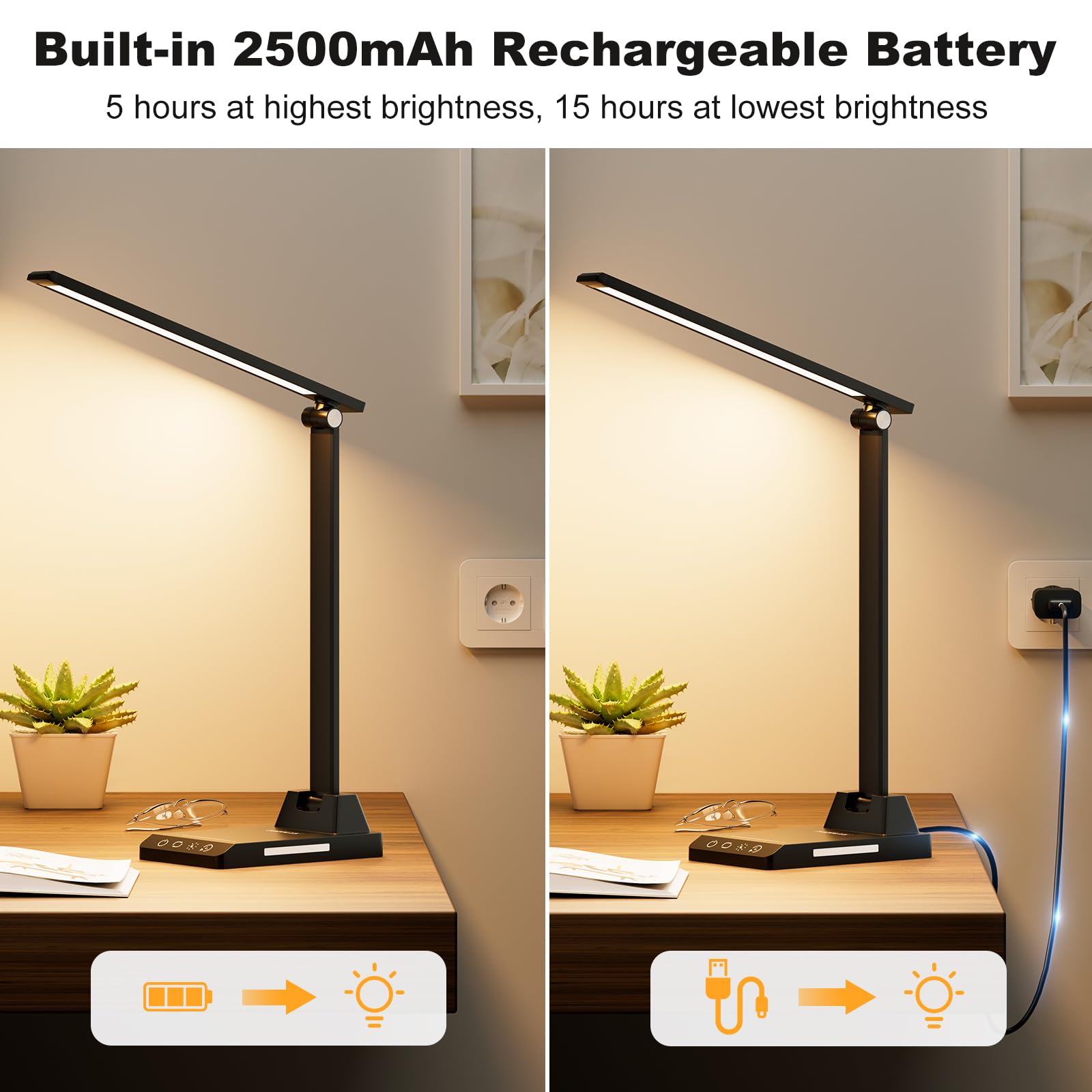 Lampada da Tavolo, Lampada da Scrivania con 2500mAh Batteria, Lampada da Tavolo Senza Fili, 5 Modalità di Luce x 10 Livelli di Luminosità, USB Lampada Scrivania, Timer 30/60min Lampada Led da Tavolo