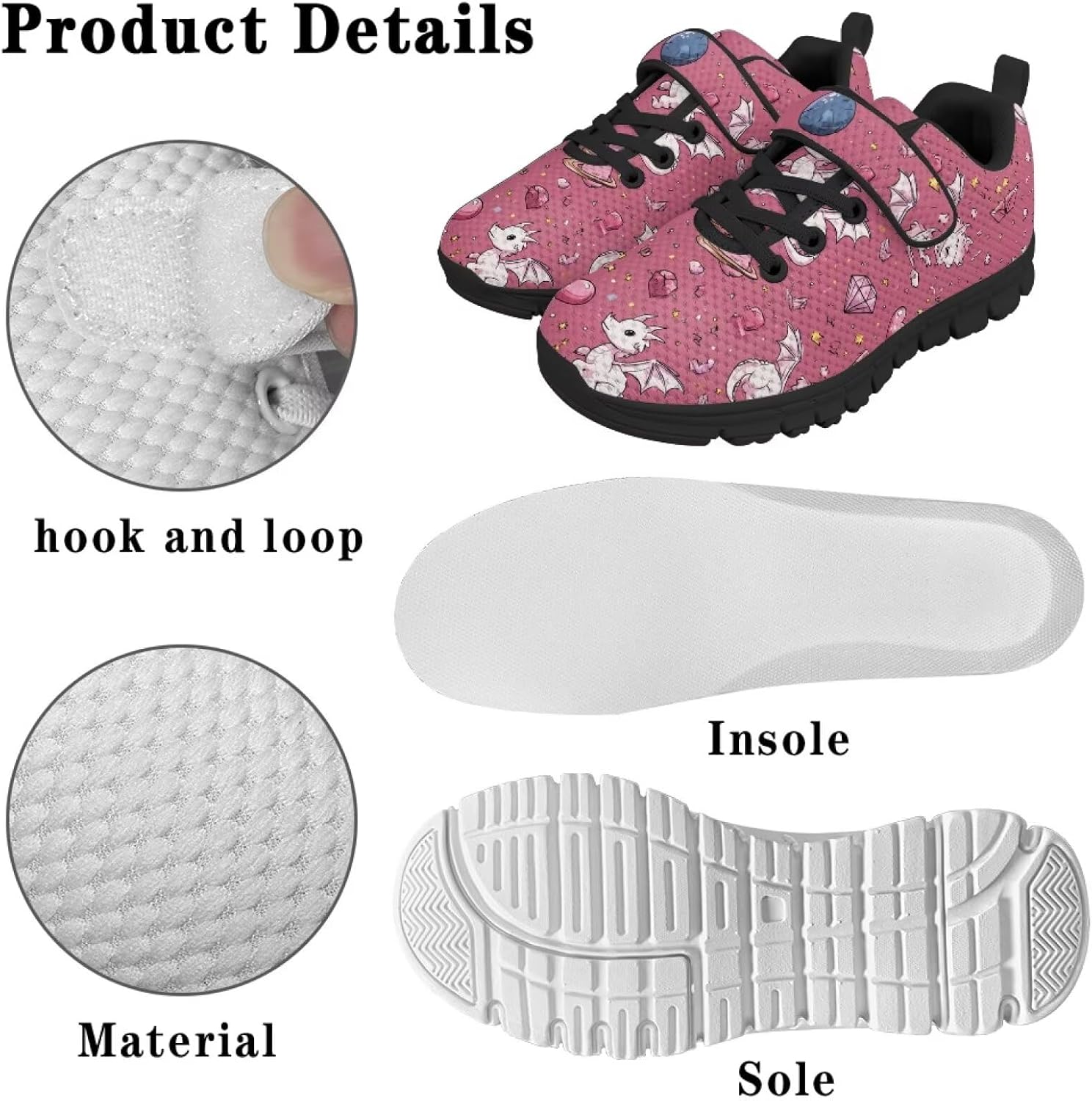 Retro Theme Girls Athletic Shoes with Hook and Loop Cute Print Breathable Mesh Tennis for Little Kid/Big Kid US 10.5-2.5
