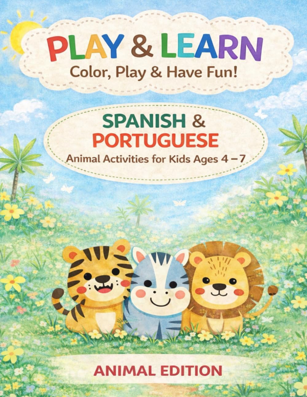 Play & Learn Color, Play & Have Fun!: Learn animals in English and Portuguese with coloring and activities for kids ages 4-7