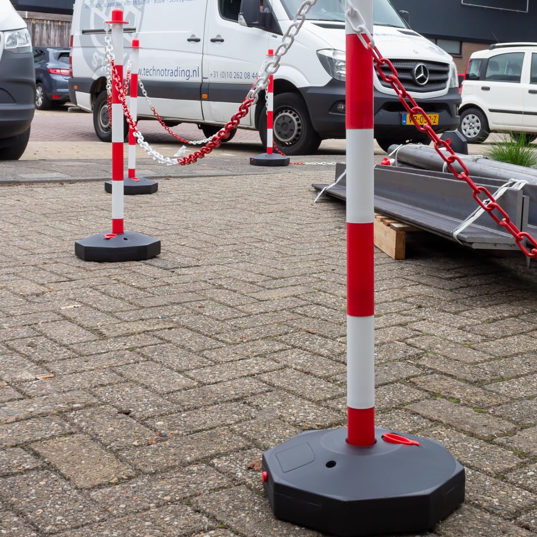 10er Set Absperrpfosten Rot-Weiß mit 44 m Kette – Absetzpfosten aus robustem Kunststoff für Innen & Außen – Begrenzungsposten, Absperrband, Verkehrssicherung