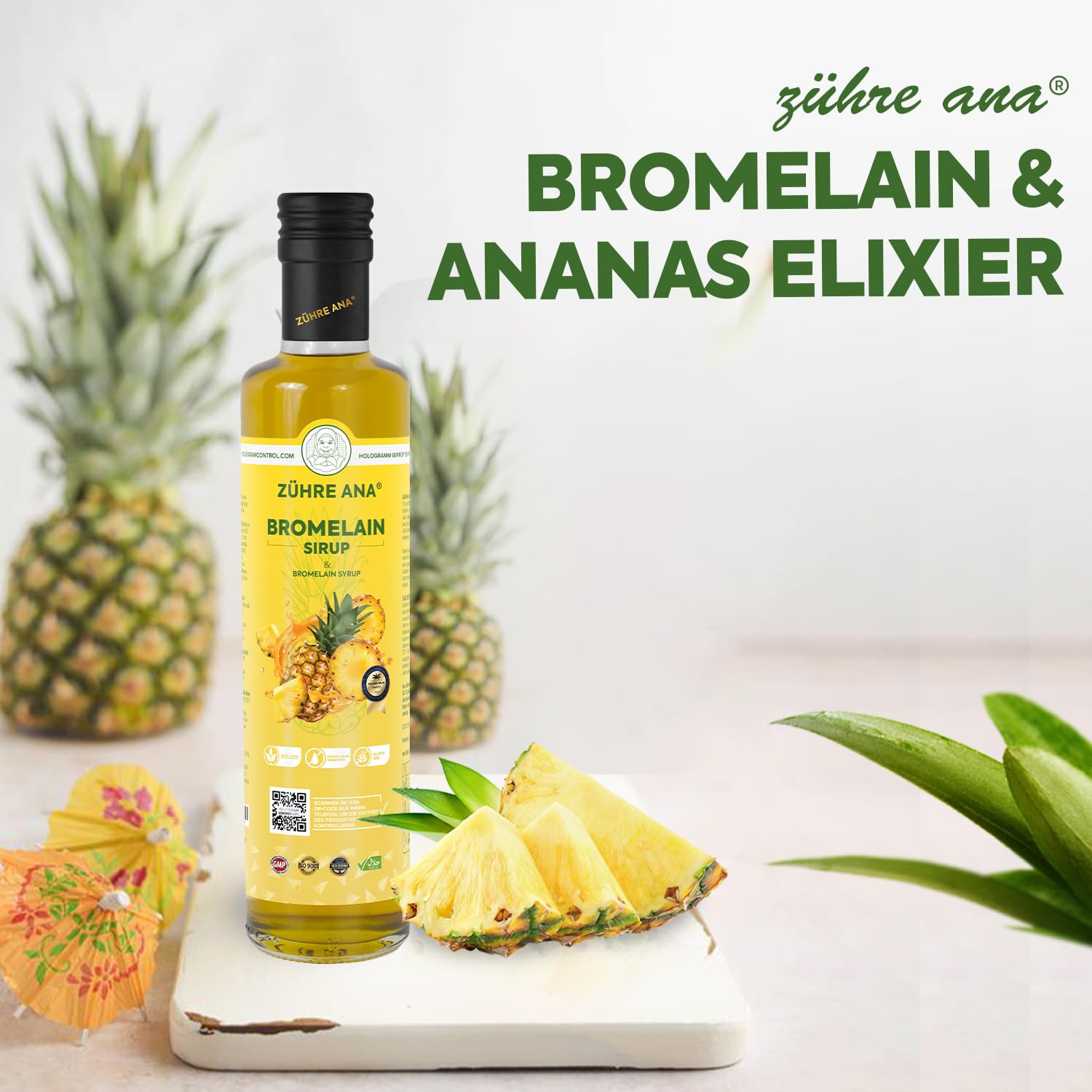 Zühre Ana® Sciroppo di bromelina - Coenzima Q10 - Estratto di ananas naturale - Sistema immunitario* Supporta il metabolismo accelerare il dimagrimento - per il drenaggio in edema - Vegano (2X250 ml)