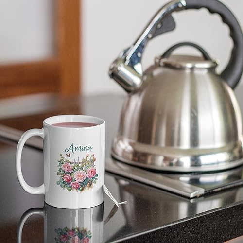 Miniatura 4 de Tazas de cerámica blanca con nombre personalizado, taza de café de rosas, rosas escalan la valla, taza de café para amantes de las flores, taza de