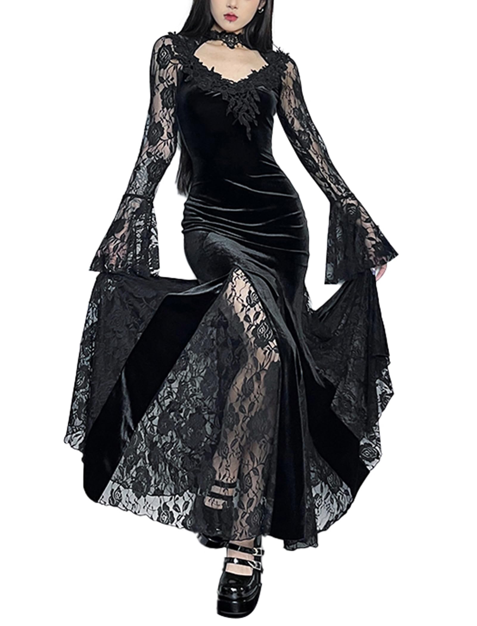IBAKOM Mittelalter Kleidung Damen Vintage Gothic Kleid Renaissance Steampunk Kleid Festival Rave Outfit Samtkleid Spitzenkleid Abendkleid Vampir Cosplay Kostüm für Halloween Karneval Party