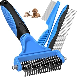 UGNEL 3PCS Dog Cat Grooming Kit: Double-Sided Dematting Rake, Deshedding Brush, Flea Comb - Removes Mats, Tangles, Loose Hair for Long-Haired Pets (Blue)