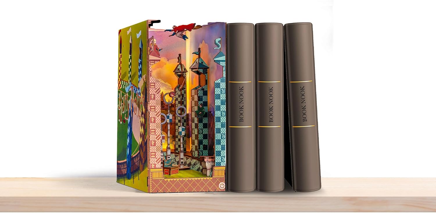 Revell Book Nook Kit Harry Potter - Quidditch Field Miniature DIY Kit 9" Booknook 3D Wooden Puzzle with LED Light Bookshelf Décor Gift for Adults Women Men