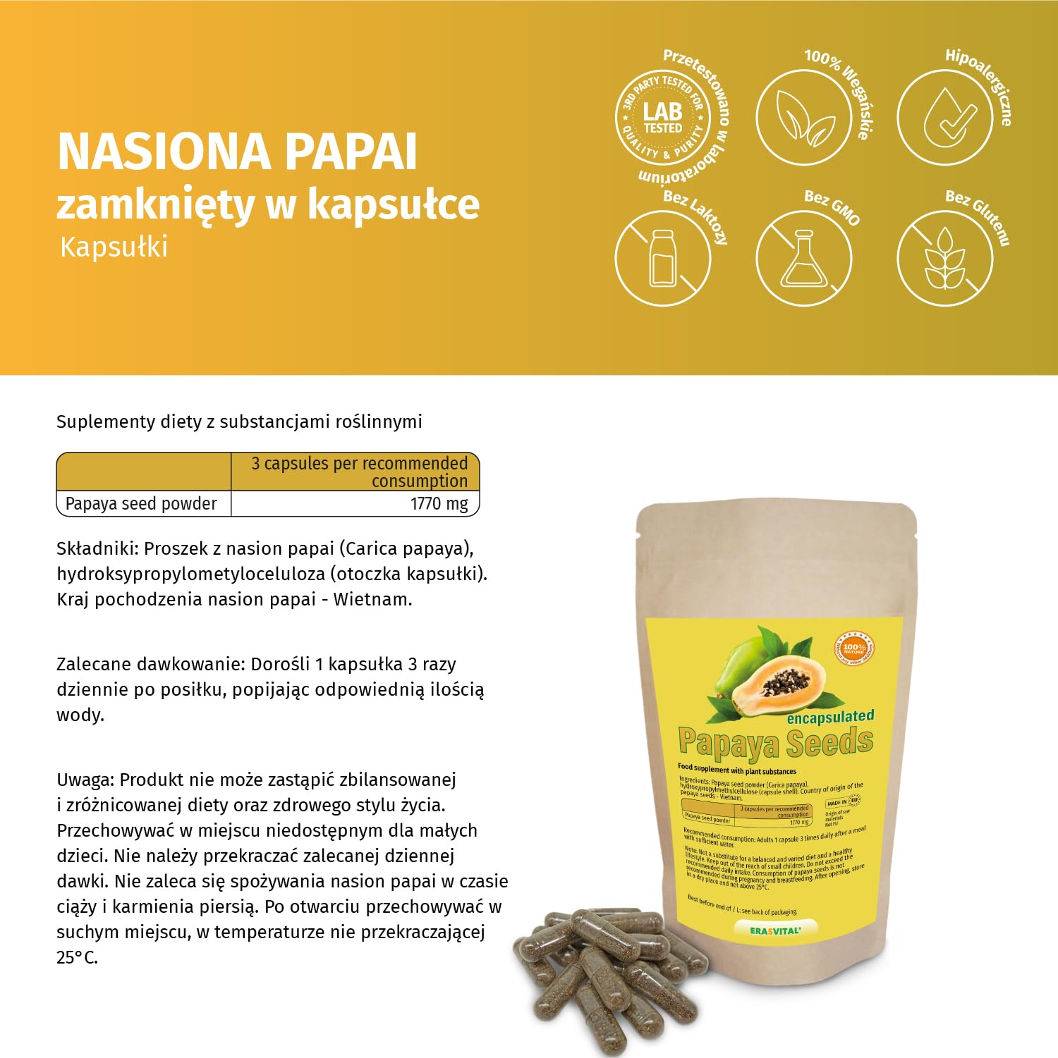 Nasiona papai w kapsułkach, papaja, uwaga: nie są to nasiona hybrydowe, surowa żywność wegańska (270 szt. (1 opakowanie))