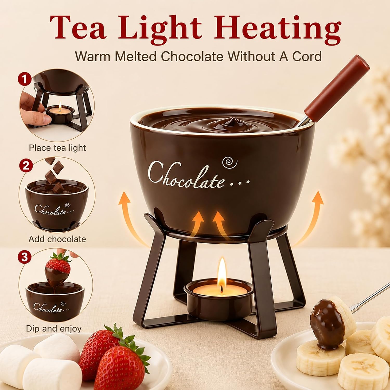 Mini Sweet Fondue Cup, Ceramic Coffee Warmer Mug, Mini Fondue Set, Portable Chocolate Melting Cup with Fork for Cheese, for Camping/Date/Movie Night/Birthday
