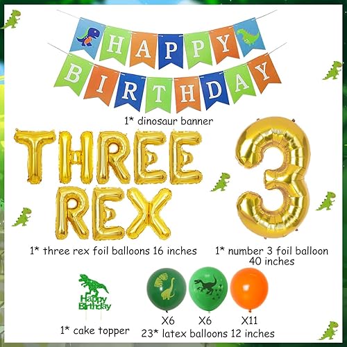 Miniatura 8 de Kreatwow Decoraciones de cumpleaños de dinosaurio para niños, decoraciones de cumpleaños de tres Rex, suministros de fiesta de dinosaurios de 3 años