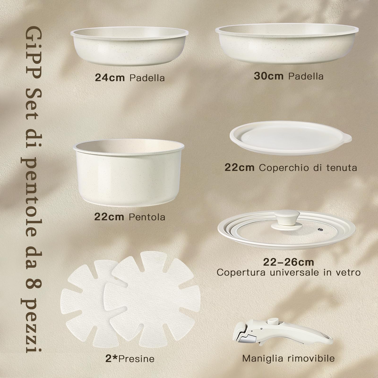 Set Di 8 Pentole E Padelle Con Manici Rimovibili, Pentole Con Rivestimento Antiaderente In Ceramica, Set Di Padelle Pressofuse Per Piano Cottura A Induzione, Set Di Pentole Con Padelle