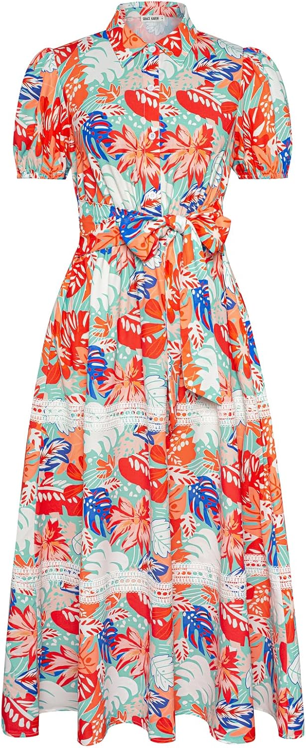 GRACE KARIN Women Summer Long Floral Dress Casual Polo Collar Flowy Swing Maxi Dresses Beach Wedding Dresses