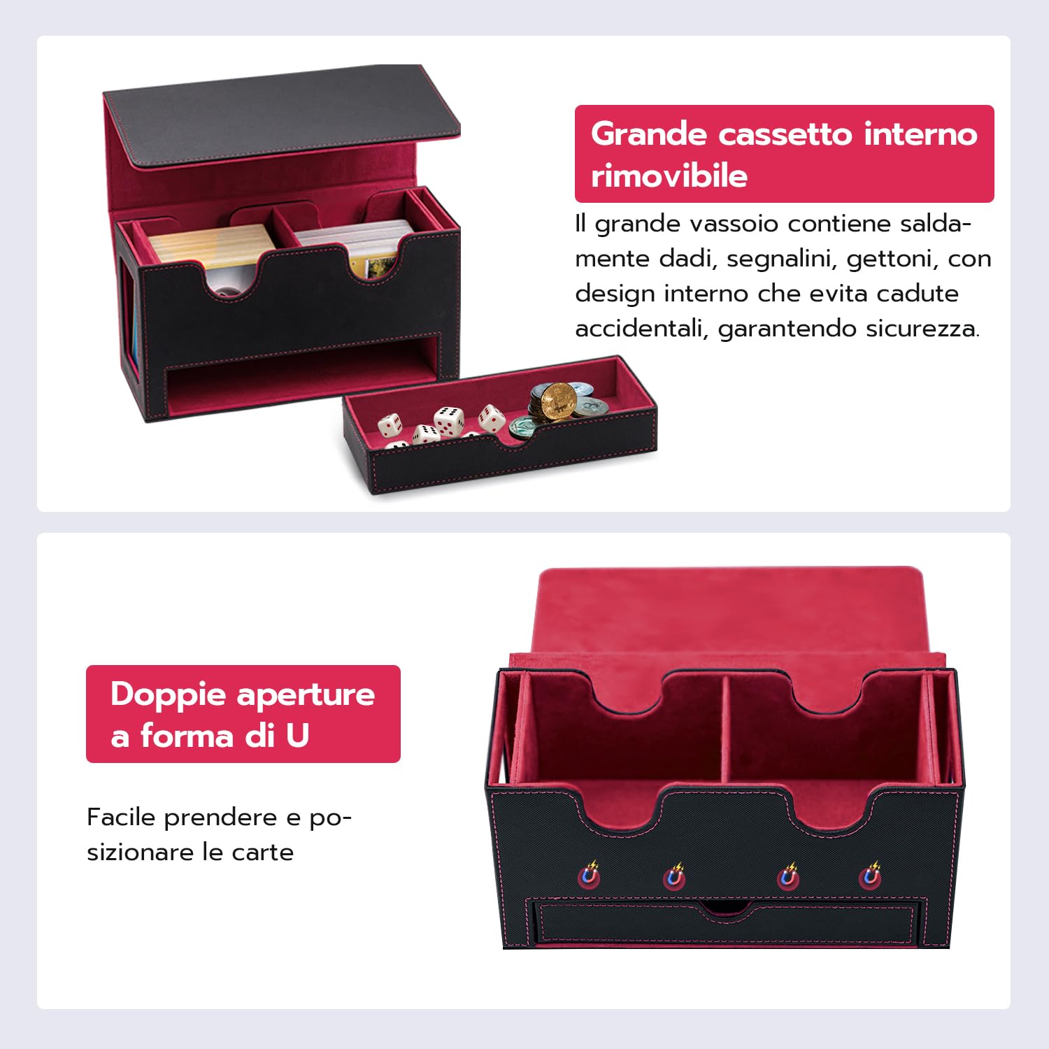 Tolesum Doppio Deck Box Porta Mazzo per MTG, Capacità di 300+ New Carte Senza Maniche con 1 Dice Tray,Magnetic Flip Deck Box per Scatola di Carte di Collezione Magic Commander TCG -Nero e Rosso