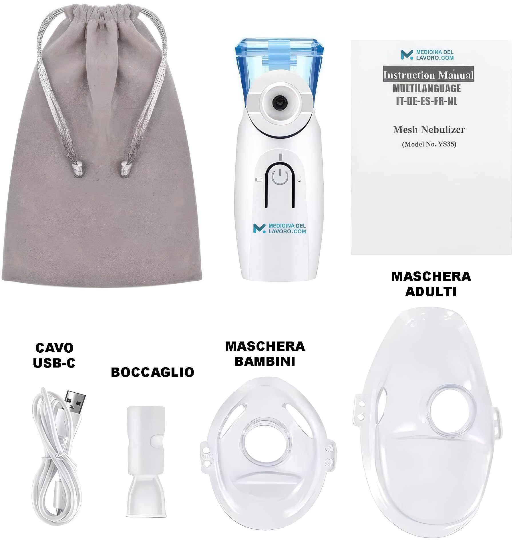 Medicinadellavoro.com - Aerosol Portatile Silenzioso, Porta USB-C con Batteria Ricaricabile e 2 Adattatori inclusi - Aerosol per Adulti e Bambini, Consigliato per Uso Domestico e in Viaggio