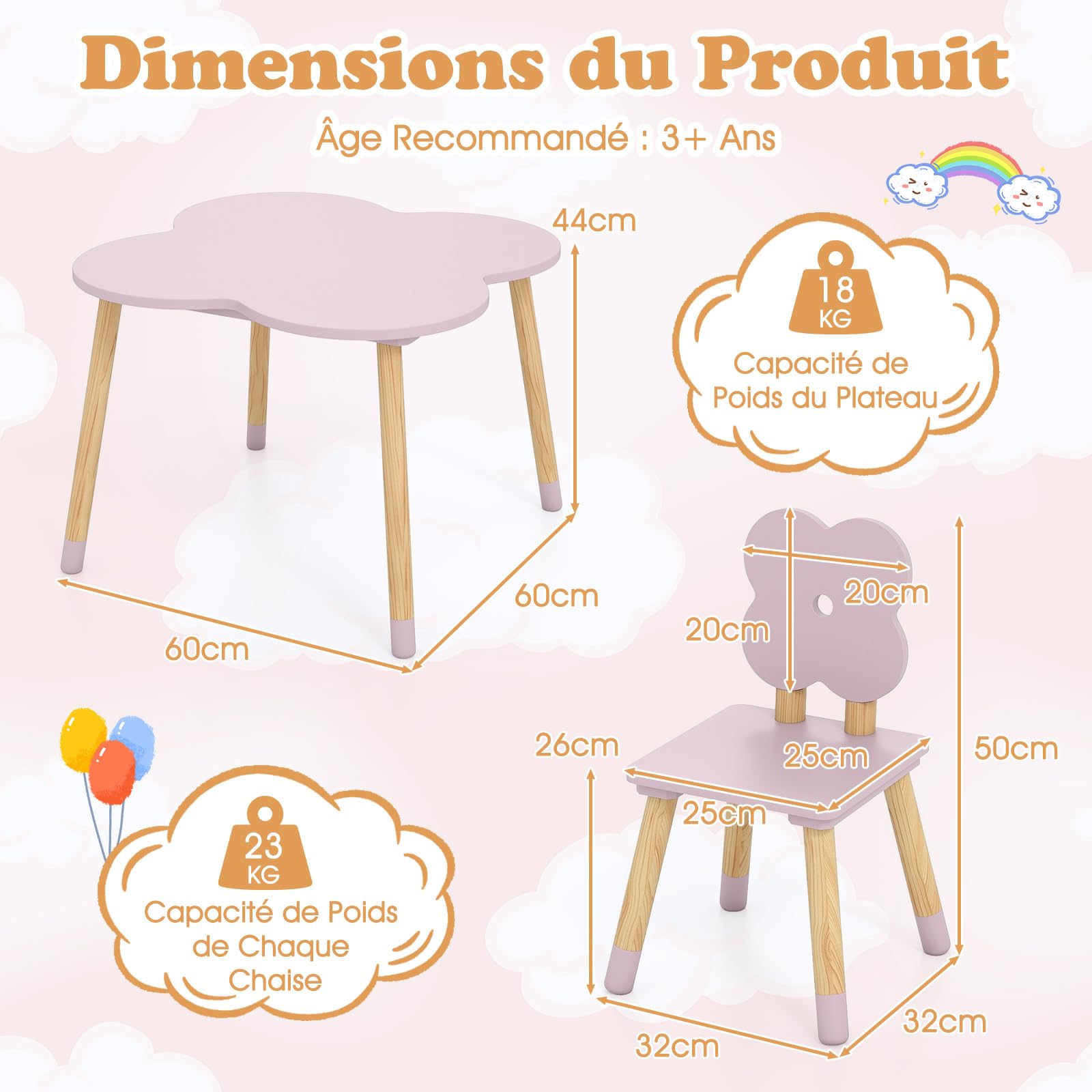 COSTWAY Table Enfant avec Chaise en Forme Fleur, Table et 2 Chaises Enfant avec Pieds en Bois de Pin, Petit Bureau pour Jouer Manger Dessiner, Charge 18/23kg pour Fille et Garçon de 3 Ans+ (Rose)