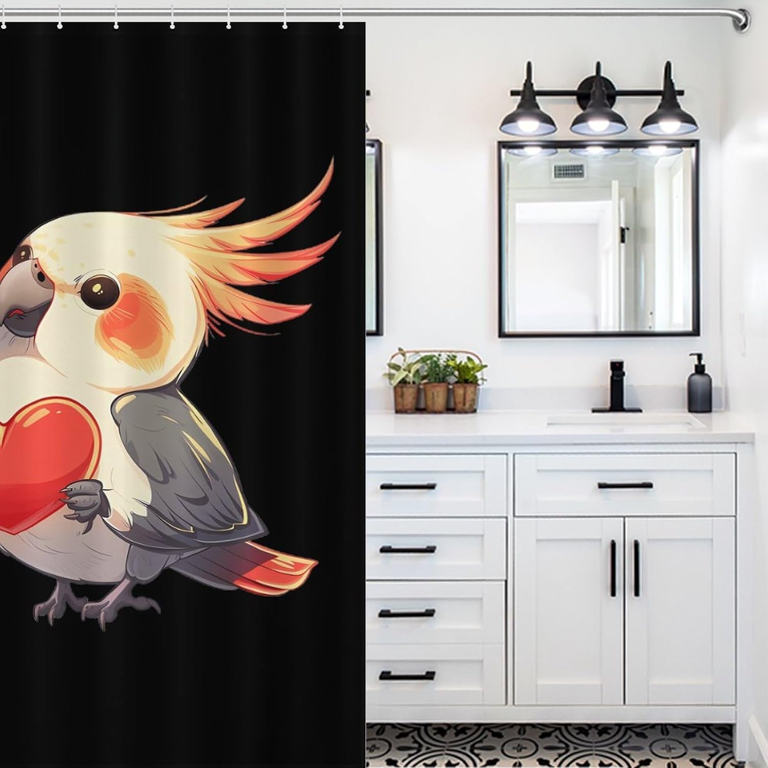 Cute Cockatiel Bird with Heart Funny Shower Curtains Washable Bath Curtain Liner with Hooks for Bathroom Bath Tubs