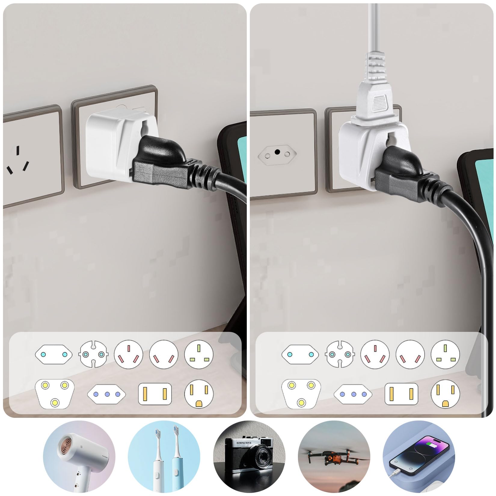 US To Argentina & Uruguay Travel Adapter (Type I) | Also Converts To Brazil/Switzerland Type N | Pack Of 2 White Adapters - View #8