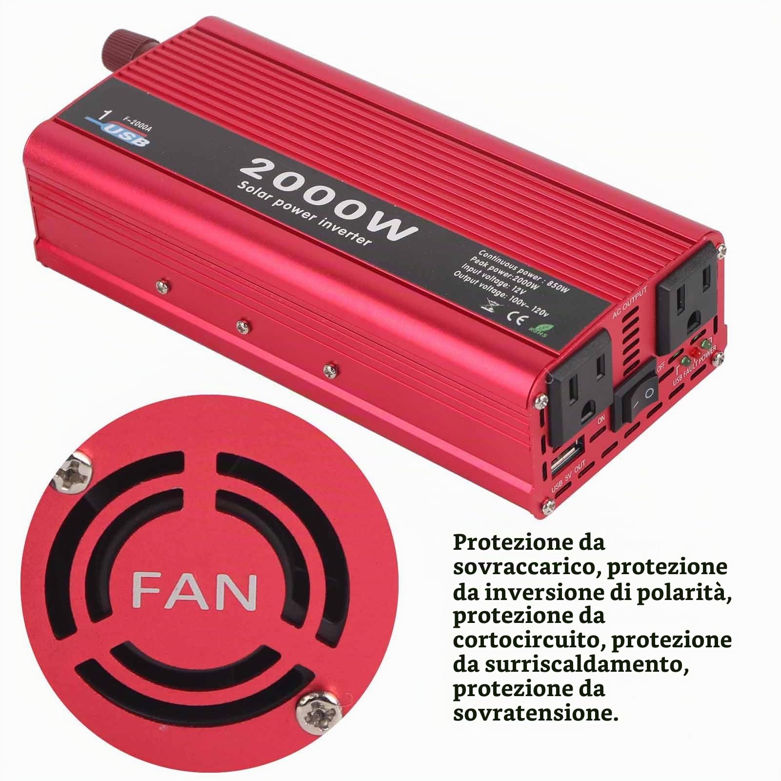 KSTE Inverter 12V 110V, 2000W DC 12V a 110V AC Potenza 2000W, 2 Prese CA USA, 2 Porte USB, Protezioni Sicurezza, Compatibile con Home Auto Uso Esterno