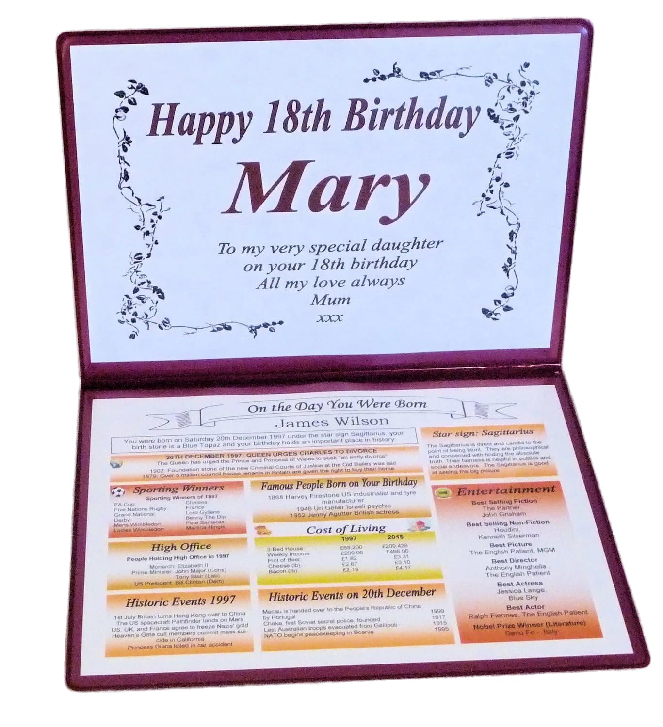 AGS-Designs PERSONALISED BIRTHDAY GIFT - THE DAY YOU WERE BORN - KEEPSAKE FOLDER - ANY YEAY AVAILABLE (18th Folder) โ image 1
