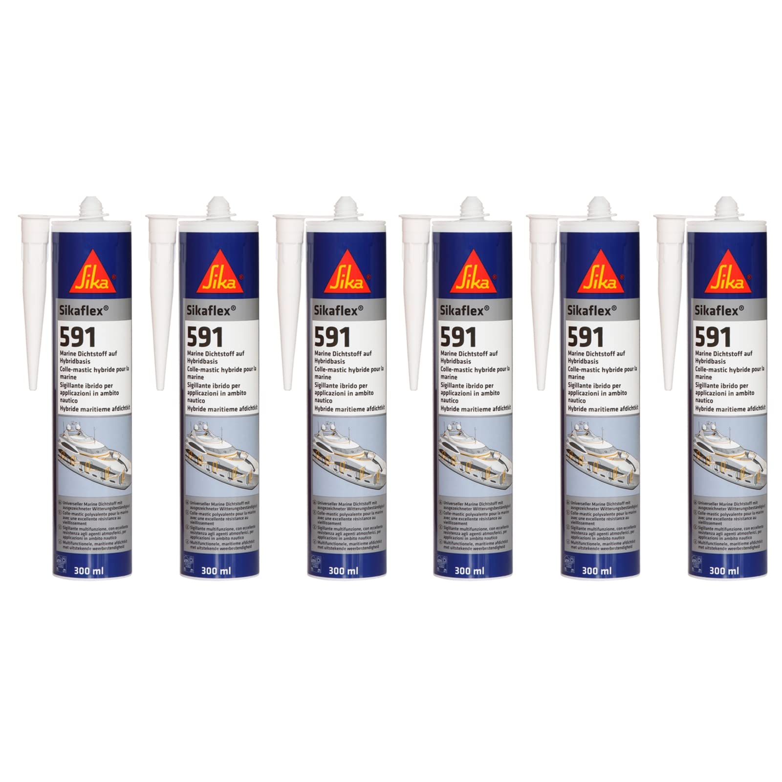 6x Sikaflex 591 Multifunktionaler Hybrid Dichtstoff für Marineanwendungen Schiff Bootsbau 300ml Kartusche Weiss