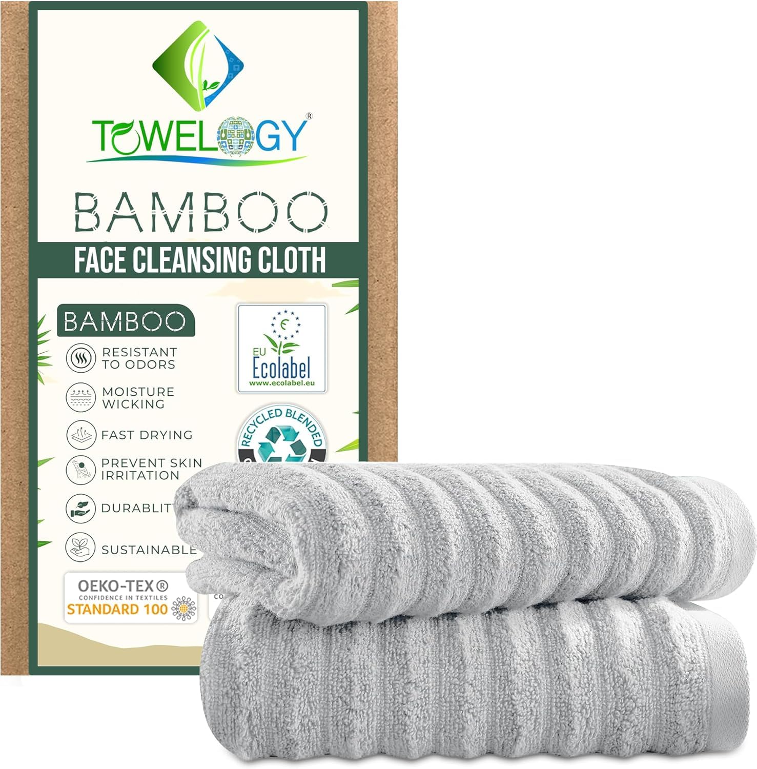 Towelogy® Bamboo Face Cloths 2 Pack Super Soft Ribbed Flannel for Washing Face Premium Bamboo & Cotton Blend Perfect for Babies & Adults Bamboo Washcloths Set 30x30cm (Silver)