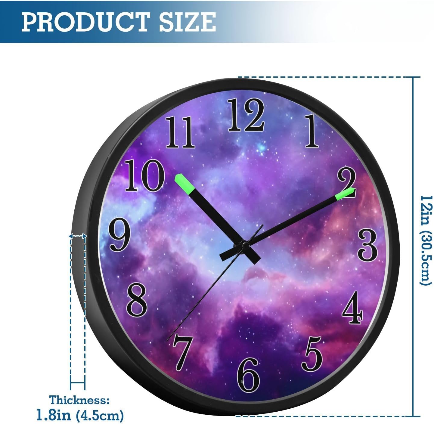 Purple Galaxy Space Wall Clock Glow in the Dark Wall Clocks Battery Operated 12 Inch Silent Non Ticking Night Light Clock for Bedroom