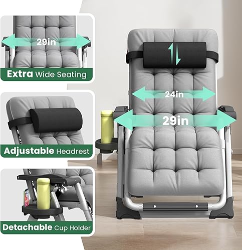Miniatura 2 de Silla de gravedad cero de gran tamaño XL, silla de campamento reclinable de salón acolchada de 29 pulgadas con cojín extraíble, reposacabezas