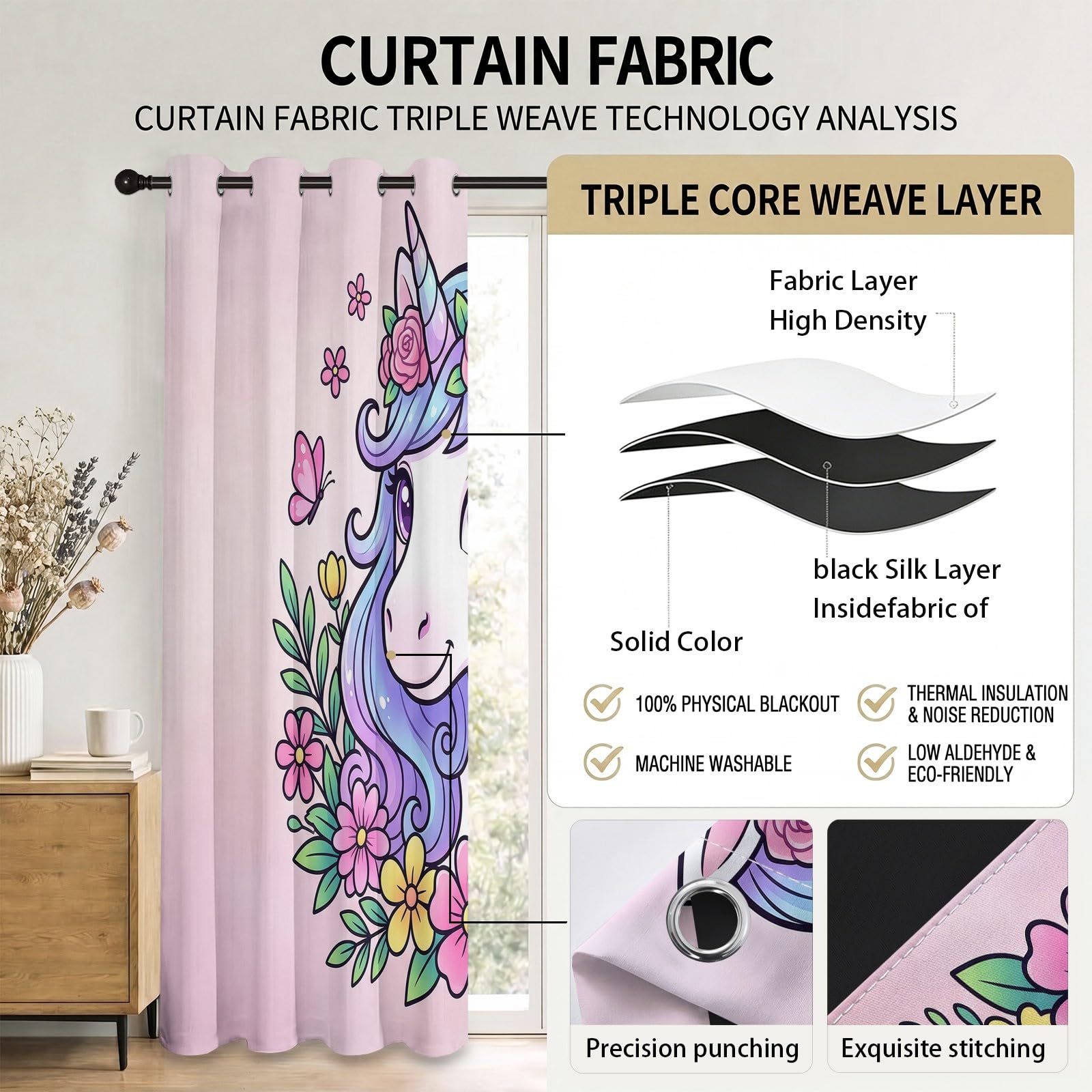 Générique Rideaux pour Enfants 140L X 240H cm (2 Panneaux), Rideaux Isolant Thermique Motif Licorne De Rêve, Décoration de Animal Animé pour Chambre d'enfant Garçon Adolescent Salon Fenetre, Rose