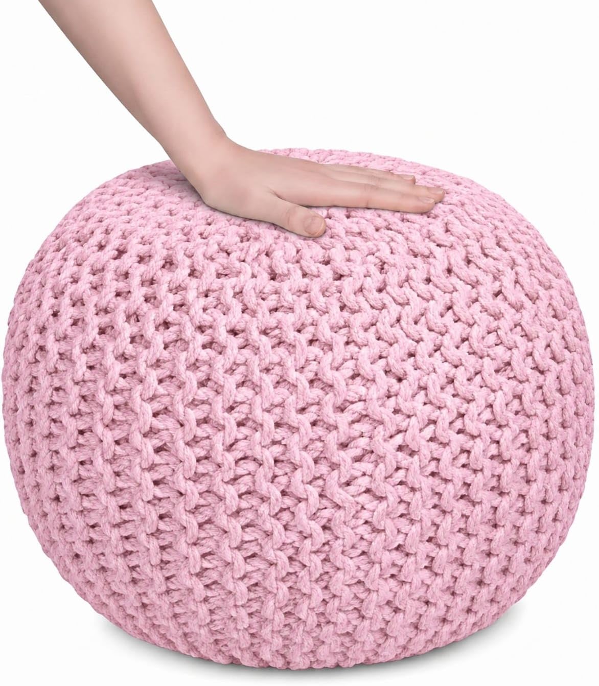 Sapphire Collection Handmade Chunky Knitted Pouffe Footstool – Large Round Ottoman in 100% Cotton for Living Room, Foot Rest & Occasional Seating (Pink)