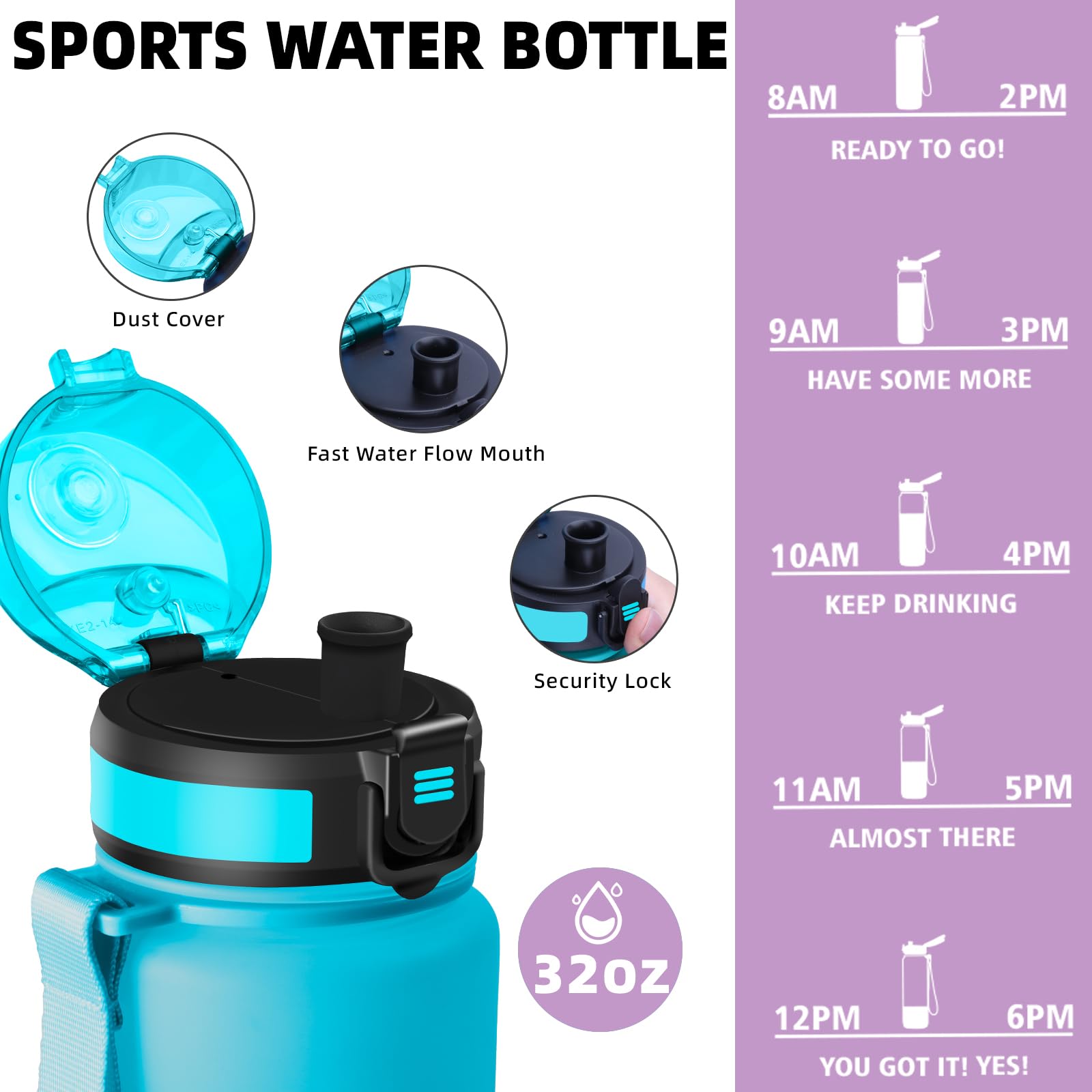 Borraccia, Borraccia Palestra 1 litro, Borracce Senza Perdite, Borracce Motivazionale, Facile da Trasportare, Bottiglia con Orari per Bere, Facile da Pulire, per Campeggio, Fitness, Yoga, Scuola