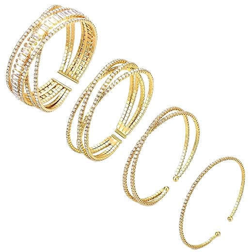 DELUU 4Pcs Multilayer Rhinestone Cuff Bracelet for Women Golden Cuff Bracelet Layered Craystal Braidal Bracelets