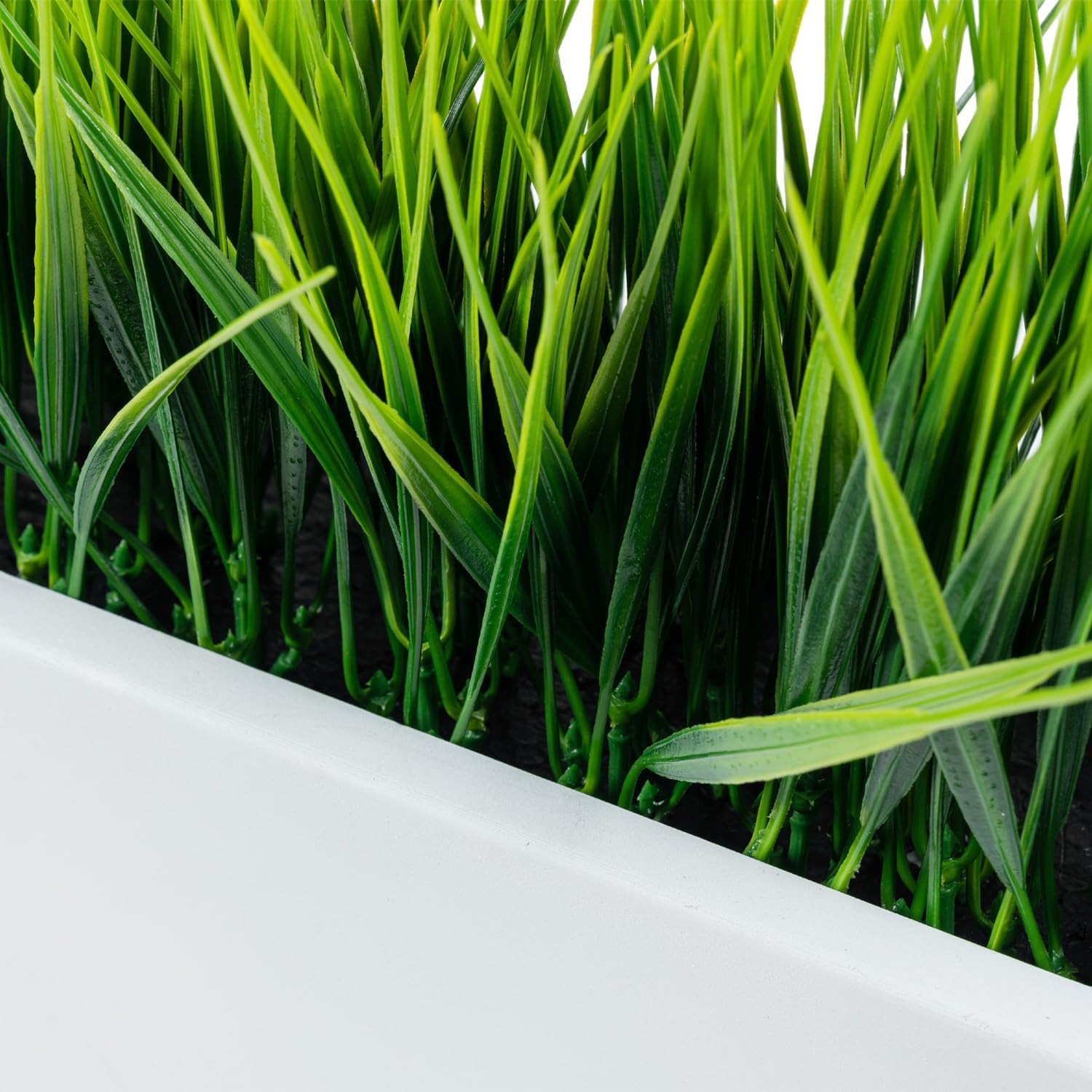 MyGift 14 Inch Artificial Green Grass Plant in Modern White Concrete Planter Window Box, Tabletop Faux Greenery in Decorative Rectangular Cement Container