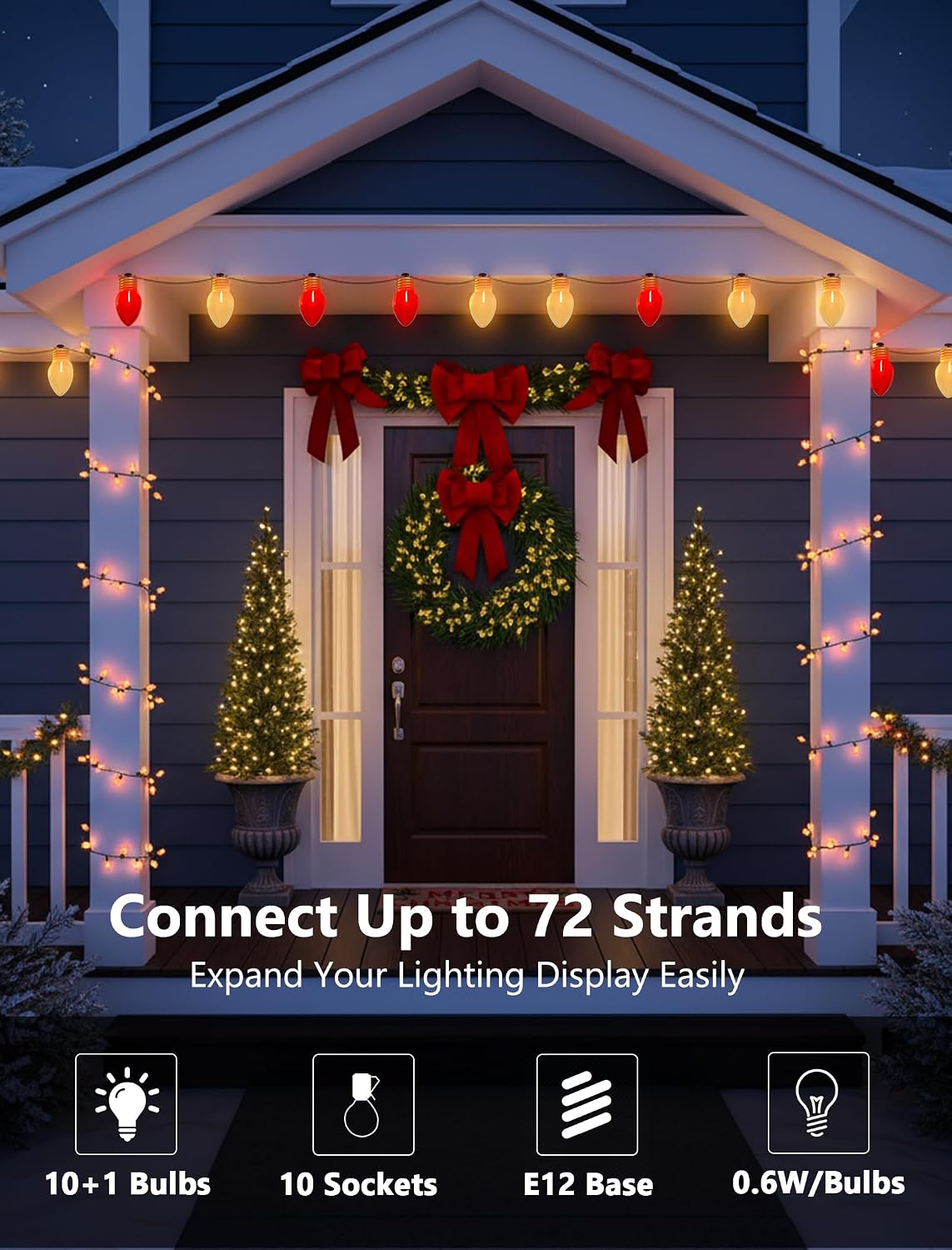 16FT Jumbo Red and White Christmas Lights Outdoor, Giant LED Christmas Bulbs String for Tree, Porch, Yard, and Fence, Oversized Waterproof Holiday Lights for Home and Commercial Decorations