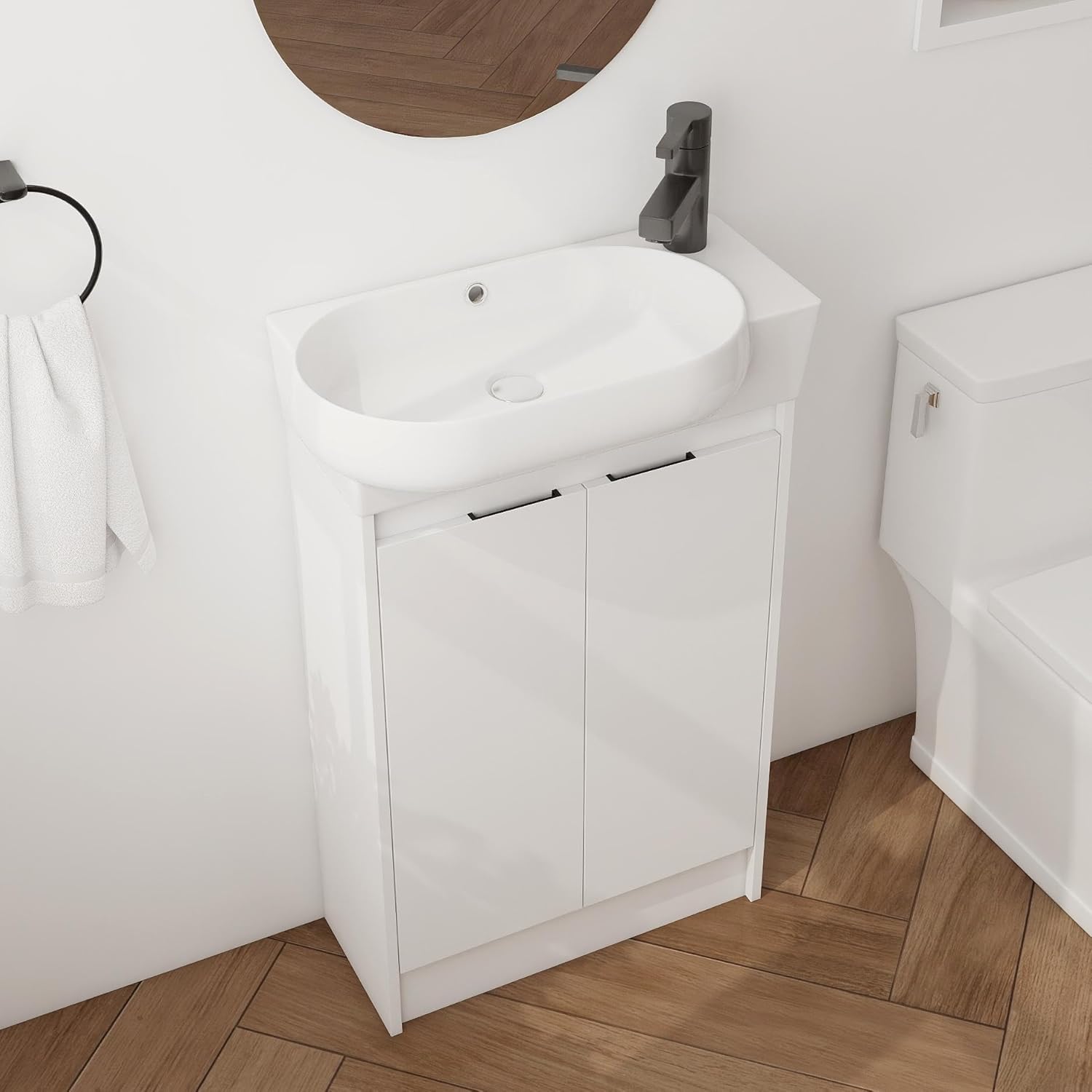 23" Bathroom Vanity with Ceramic Sink, Freestanding Vanity Combo, Modern Floor Stand Single Sink Cabinet Set with Soft-Close Doors,White