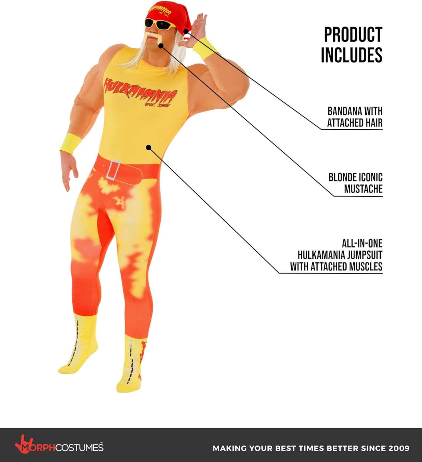 Morph Hulk Hogan Costume, WWE Costume, Hulk Hogan Wrestling Adult Outfit, WWE Wrestling Halloween Outfit with Accessories