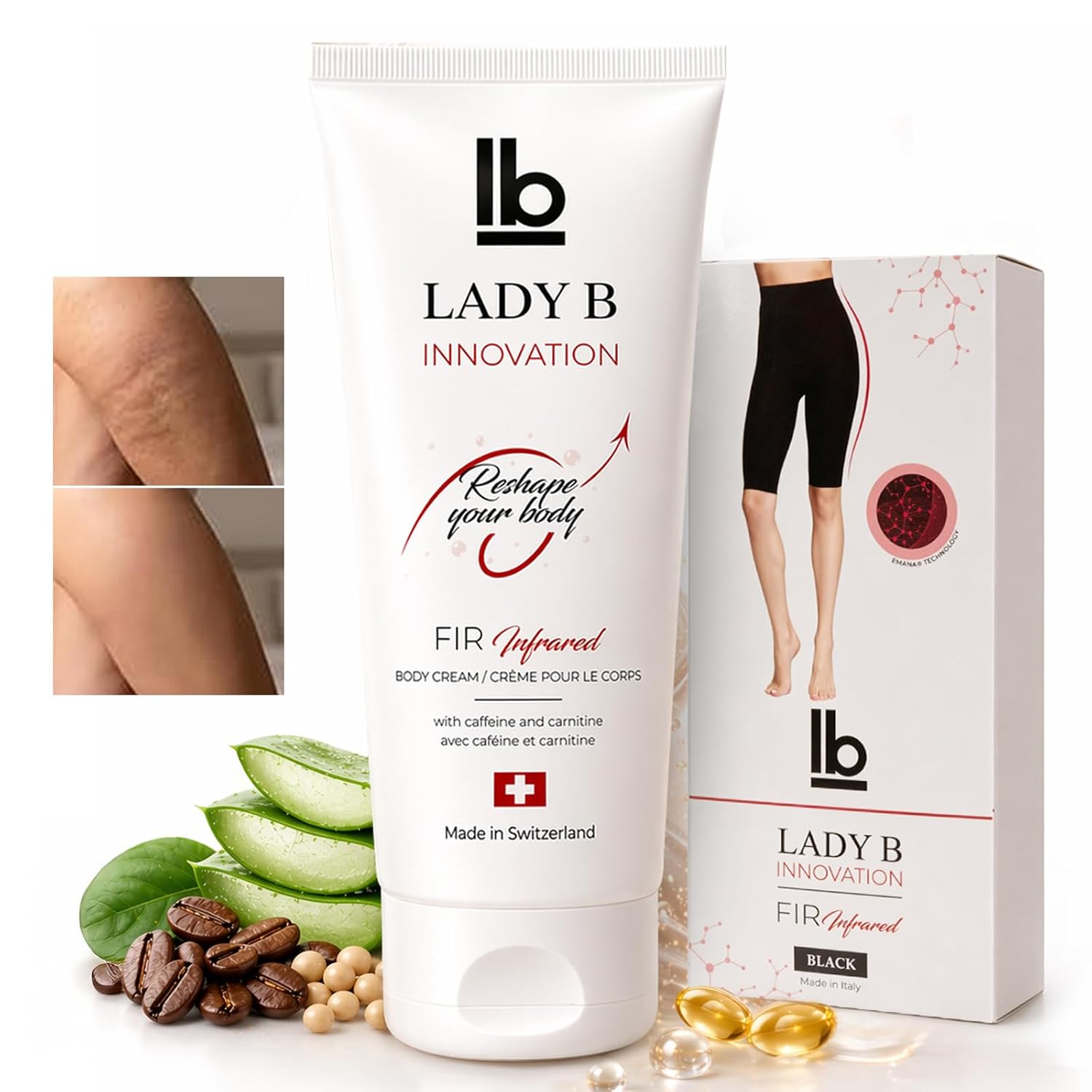 Lady B Firming & Anti-Cellulite Body Lotion with Caffeine & Shea Butter – 6.8 fl oz Swiss Cream + Italian FIR Smartwear – 2-in-1 for Smoother, Tighter Body – Invisible Shaping – Clinically Tested L/XL