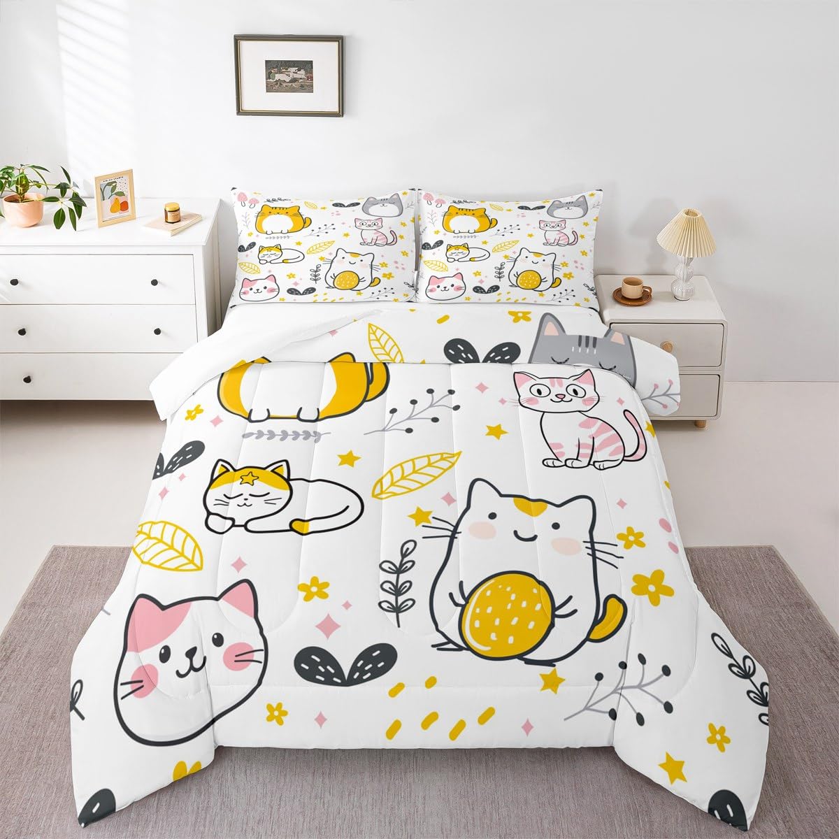 Feelyou Cute Kitten Comforter Set - Queen Size, Kawaii Pet Cats Cartoon Comforter Set for Kids, Boys &amp; Girls - Cat Lover's Animal Themed Duvet Set - Microfiber Quilt Set