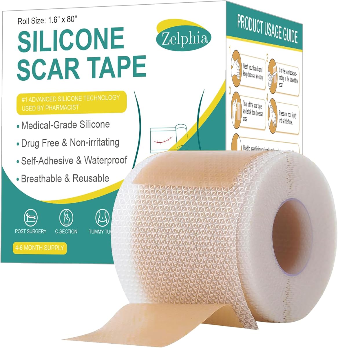 Silicone Scar Tape(2M - 1.6'' x 80''Roll) - Scar Removal Soft Silicone Scar Sheets Strips- Medical Grade, Reusable Gel Scar Tape for Keloid Surgery, C-Section, Acne and Burn