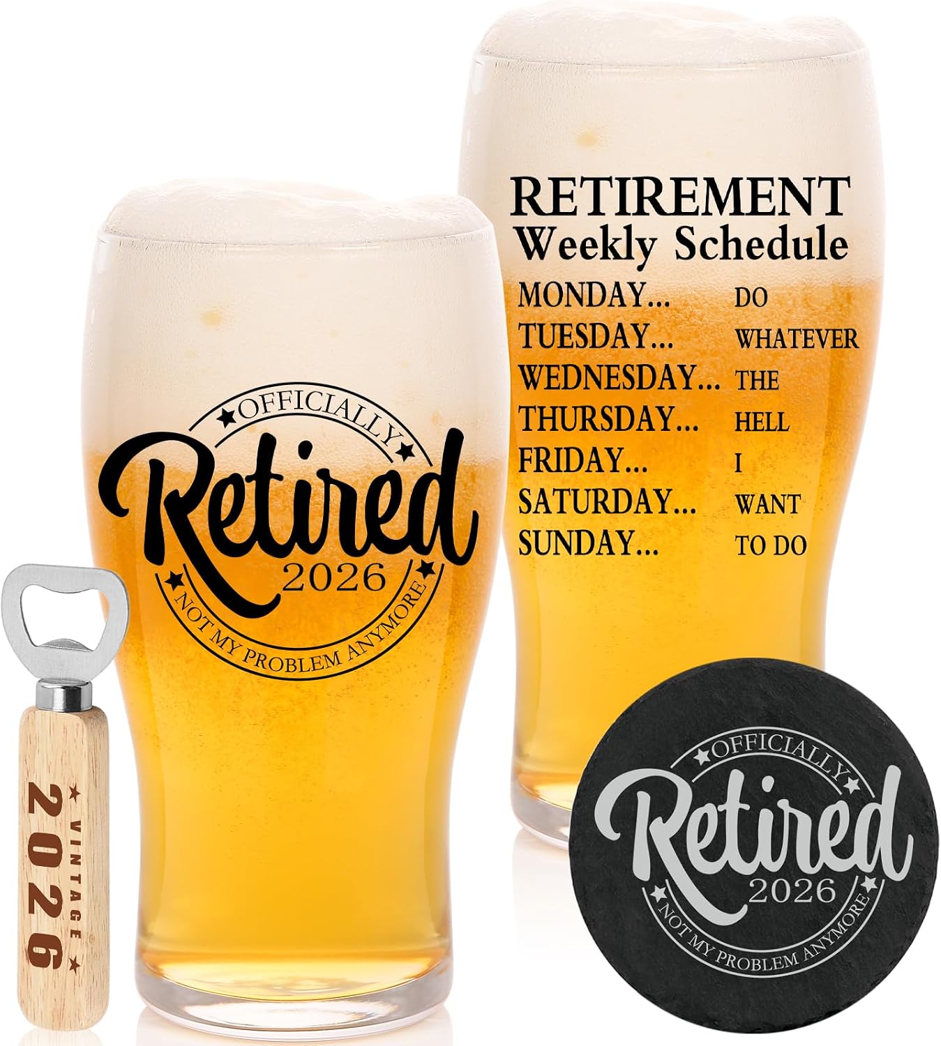 Retirement Gifts for Men 2026 - Retirement Beer Glass with Stone Coasters, Bottle Opener, Funny Beer Glass Unique Gift For Dad, Grandpa, Friends, Family