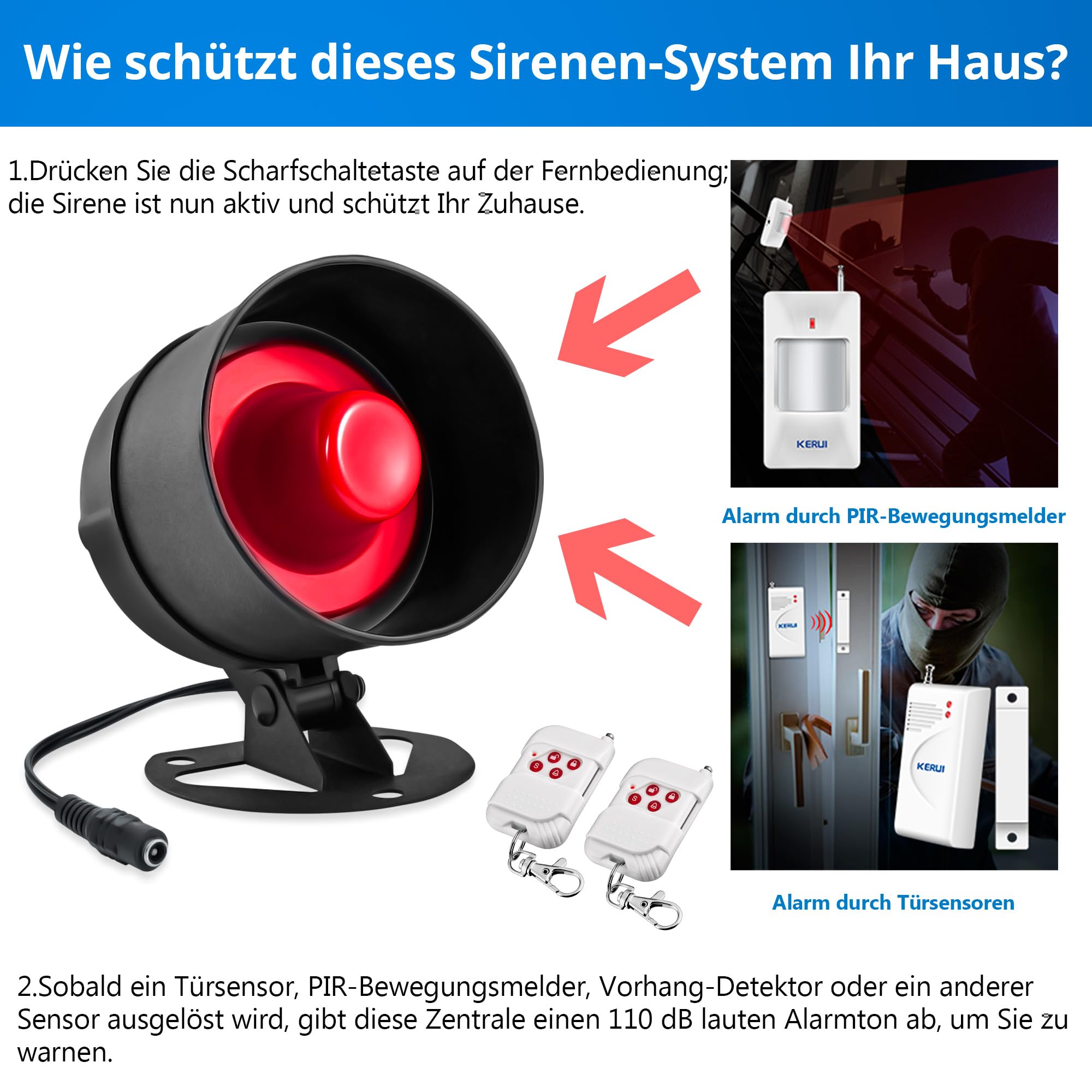 Alarmanlage Haus 11 Teiliges Set, Wohnung und Garage, 115 dB Sirene wetterfeste Sirene für den Innen und Außenbereich mit Fernbedienung und Türkontaktsensor, mit Bewegungssensor