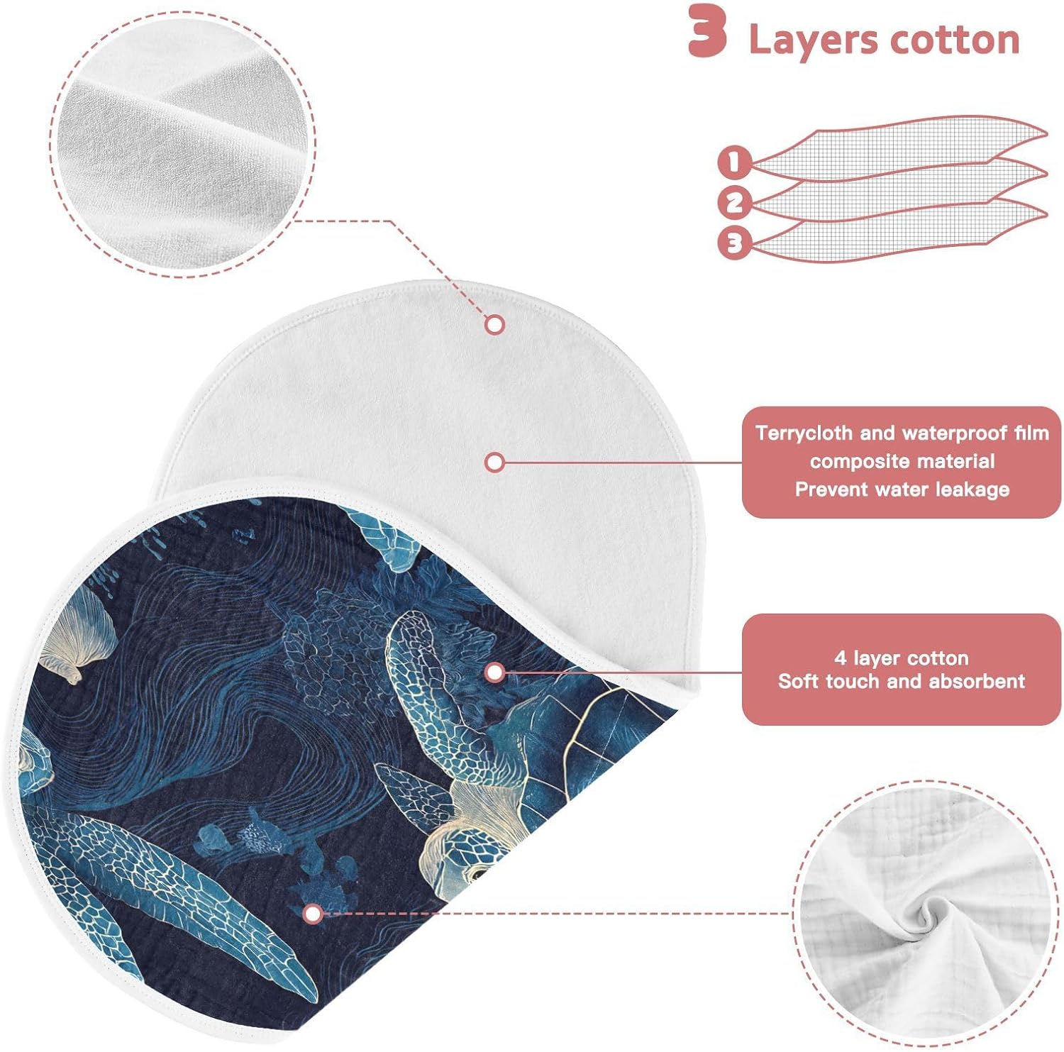 Pattern Turtle Swimming Baby Burp Cloths -4Pcs Soft Absorbent Muslin Washcloths Bibs Face Towel for Newborn Boys Girls 22 x 11 Inch