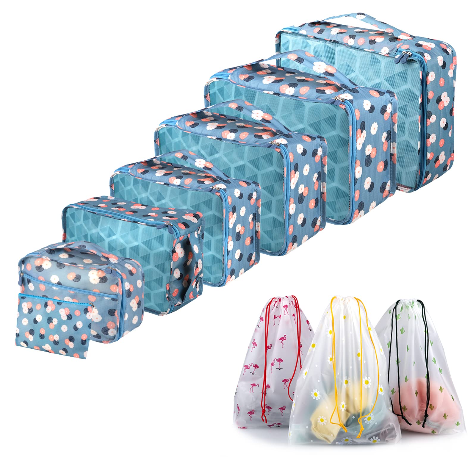 Sciphylia Organizer Valigie Organizer Valigia Set di 10 Borse Organizer da Viaggio Impermeabili Cubi di Imballaggio Viaggio Accessori Utili per Vestiti Cosmetici Scarpe Biancheria Intima Fiore Blu