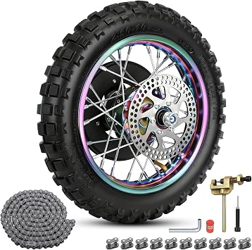 MX650 Rear Wheel Assembly for Razor MX650 MX500 SX500 Dirtbike | 2.50-10 Dirt Bike Tire Replacement for MX650 Dirt Rocket Bike, Rainbow Rim, 2.50x10 Inner Tube, 25H 132 Link Chain Sprocket