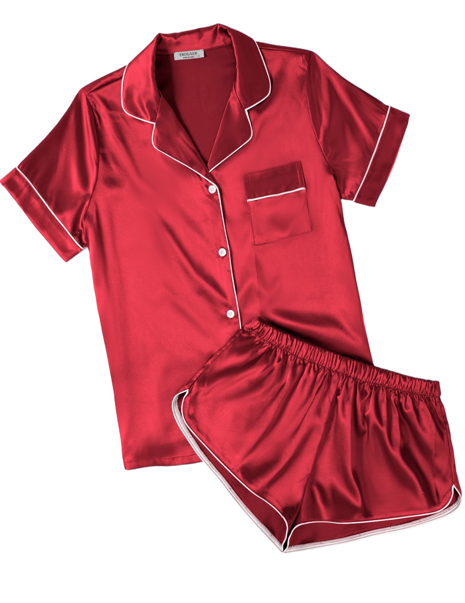Ekouaer Womens Silk Satin Pajamas Short Sleeve PJS Shorts Set Soft Button Down Sleepwear 2 Piece Loungewear S-5XL