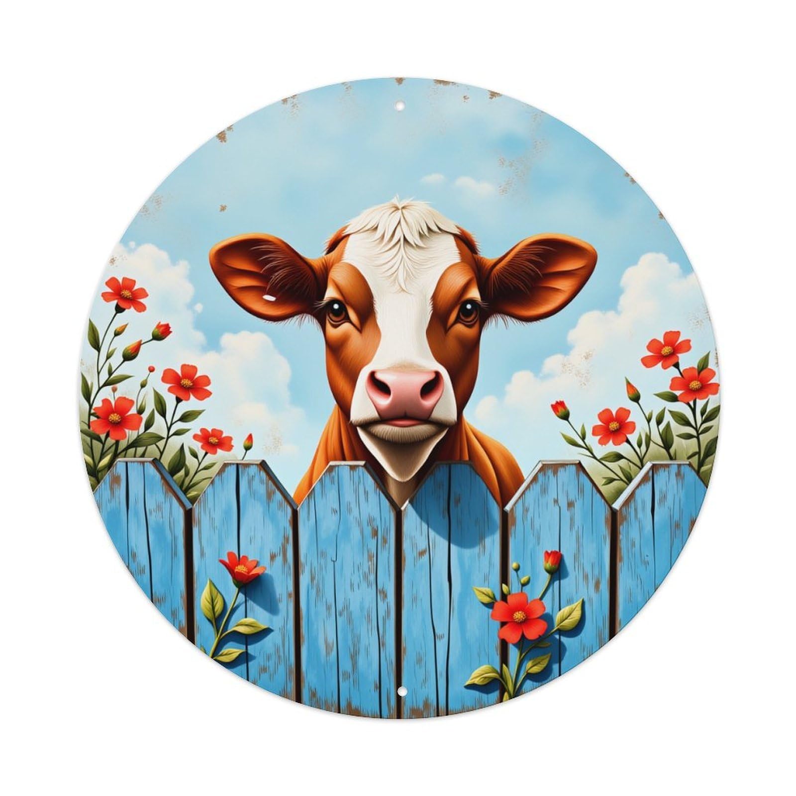 Cow Fence Flowers Sky Clouds Vintage Metal Tin Sign Retro Wall Decor for Home Bar Garage Cafe, Indoor & Outdoor Decorative，circle Metal Poster, 8x8 Inch
