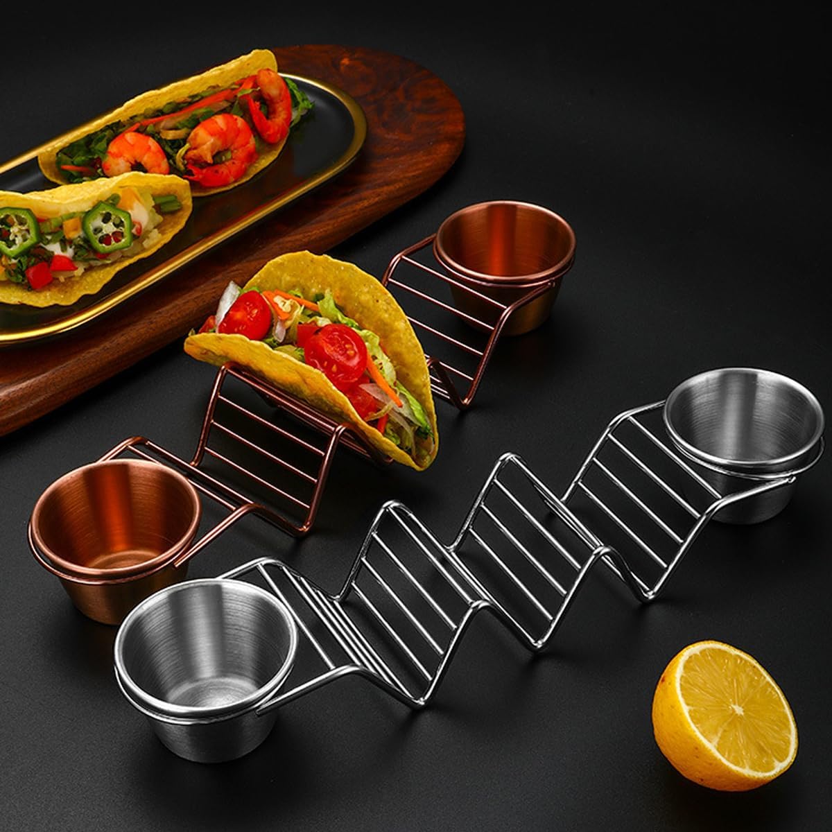 Taco Holder with Salad Cup and Spoon Stainless Steel Taco Shell Holder Stand (Gold)