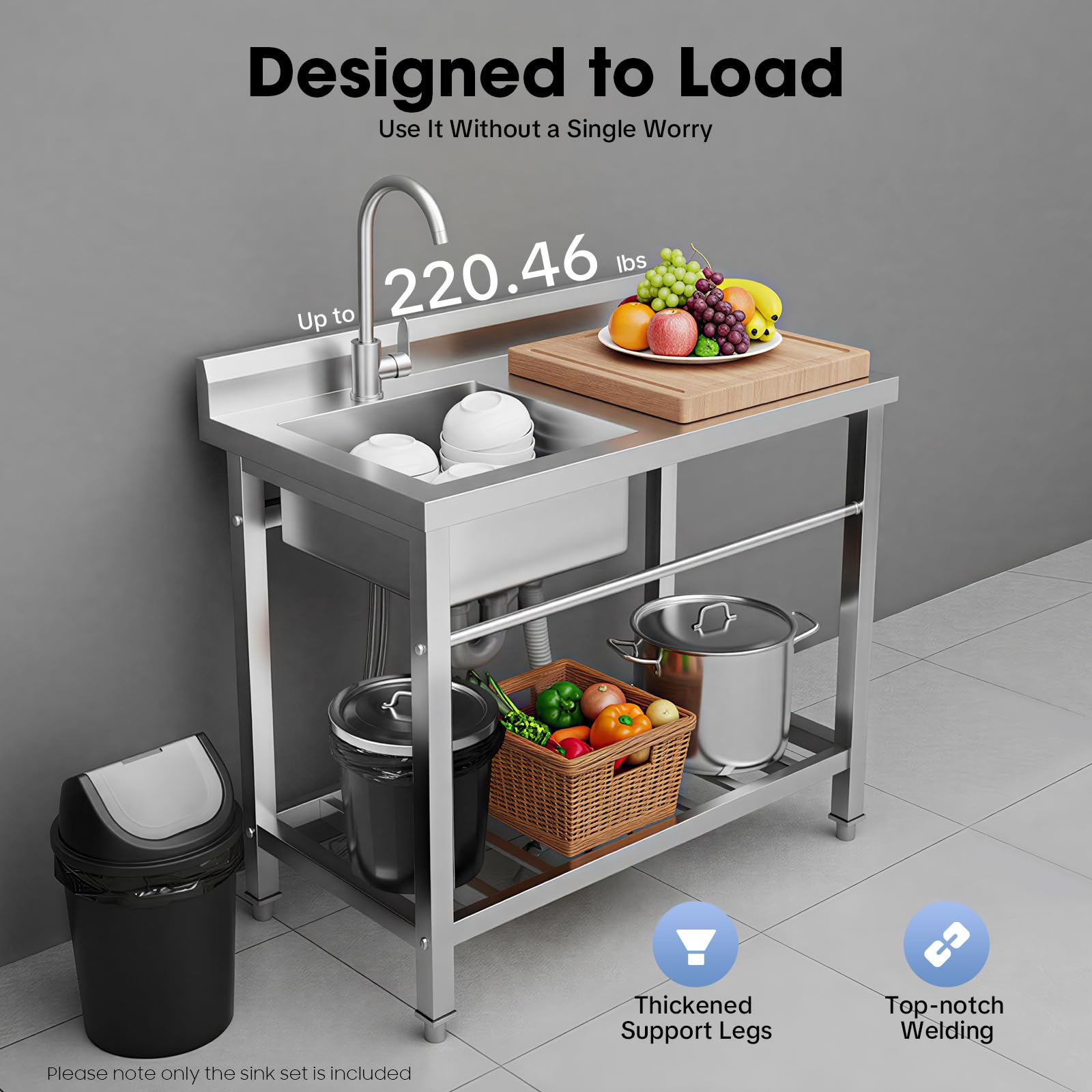 Évier Cuisine sur Pied Évier,Inox Autonome Professionnel avec Robinet Pivotant 360° Étagère et Dosseret Anti-Éclaboussures, Grande Capacité 100kg pour Jardin Garage Restaurant Camping