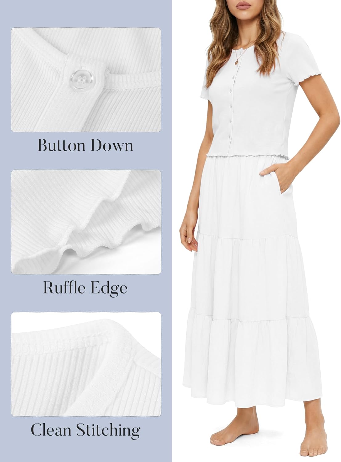 2 Piece Skirt Set for Women Short Sleeve Ribbed Cardigan High Waist Maxi Ruffled Skirt Summer Outfits Holiday 2026
